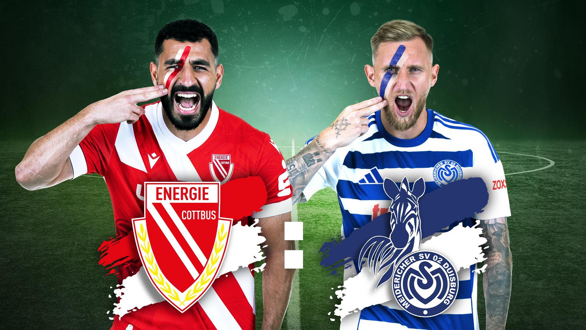 Werbegrafik 3. Liga Spiel Cottbus gegen Duisburg mit Logos und Spielern vor Fußball-Hintergrund